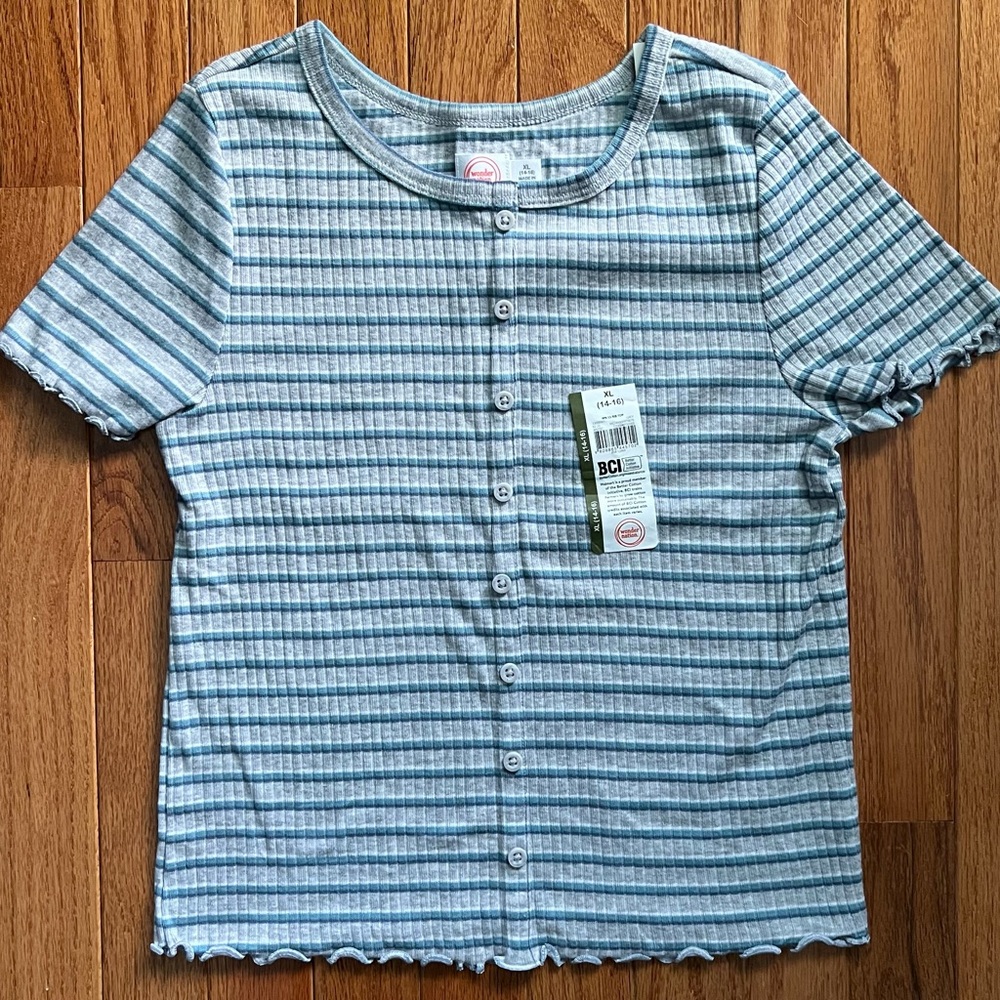 NEW! Wonder Nation Green/Blue/Grey/White Striped Button Down Short Sleeve Shirt